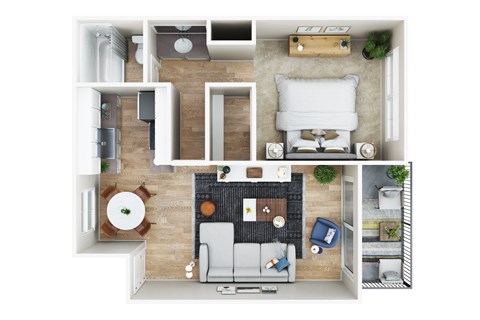 A top-down view of a small apartment with a living room, kitchen, and bedroom.